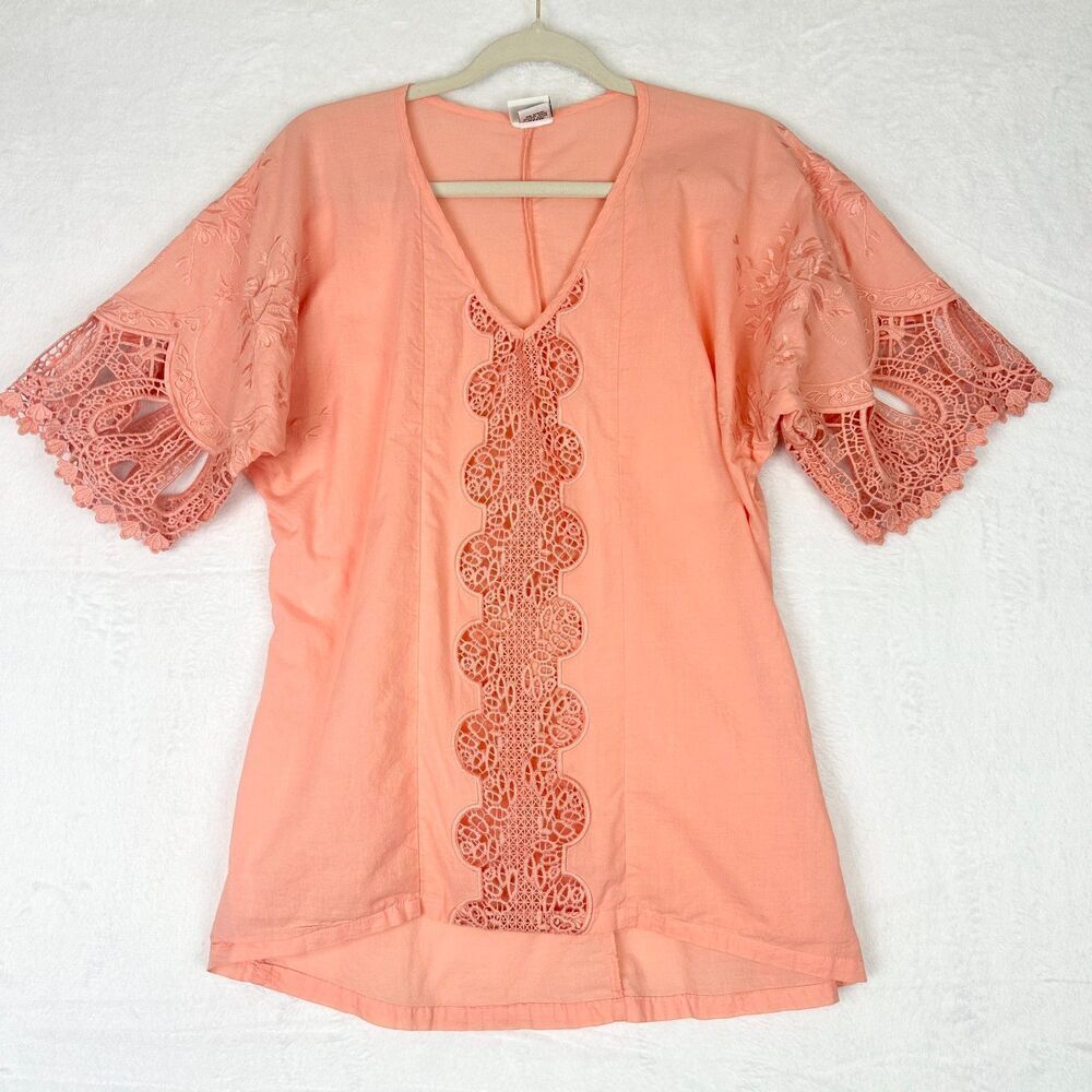 XCVI Top Women's Small Crochet Embroidered Cotton Half Sleeve V-Neck Coral